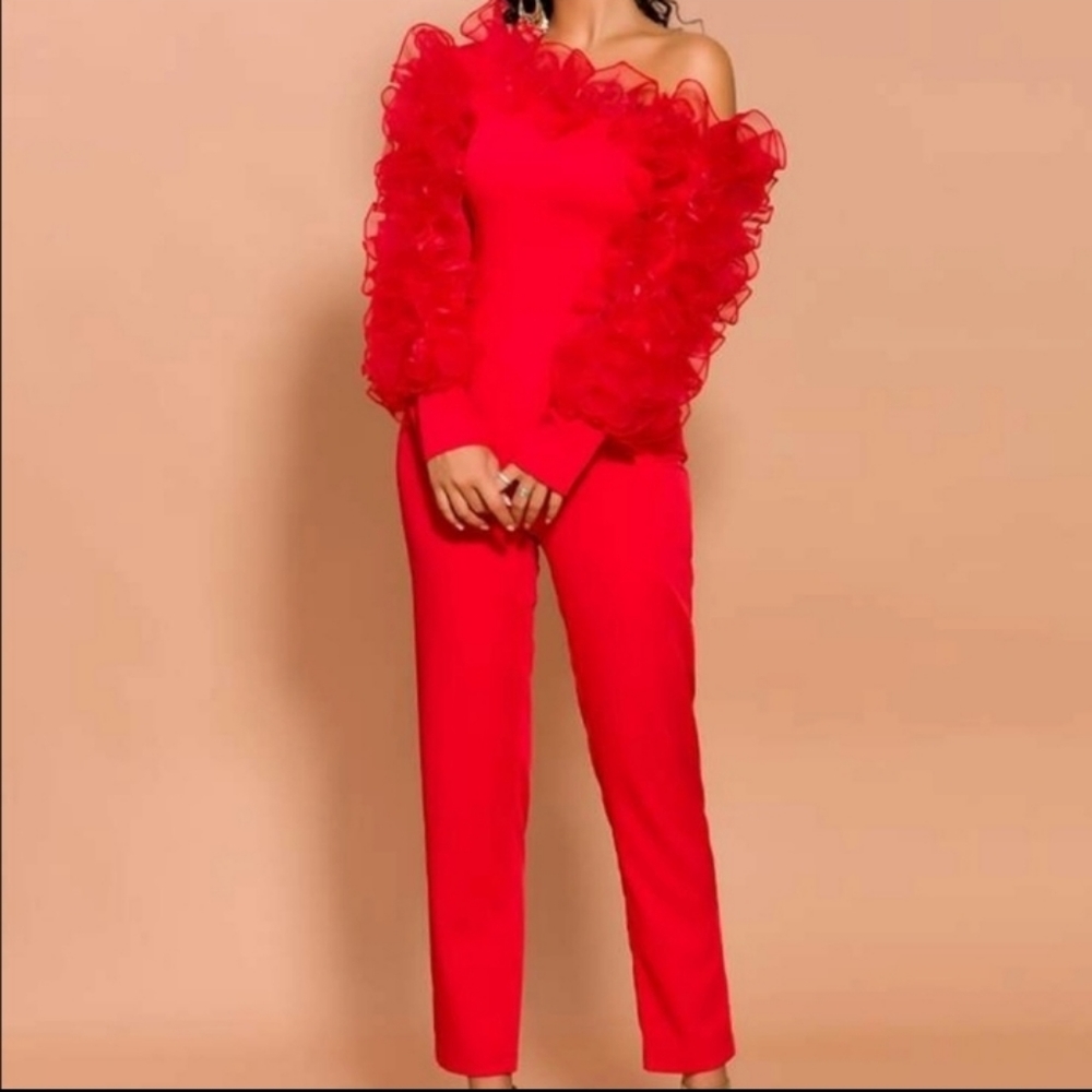 Red Fitted ruffle jumpsuit shein